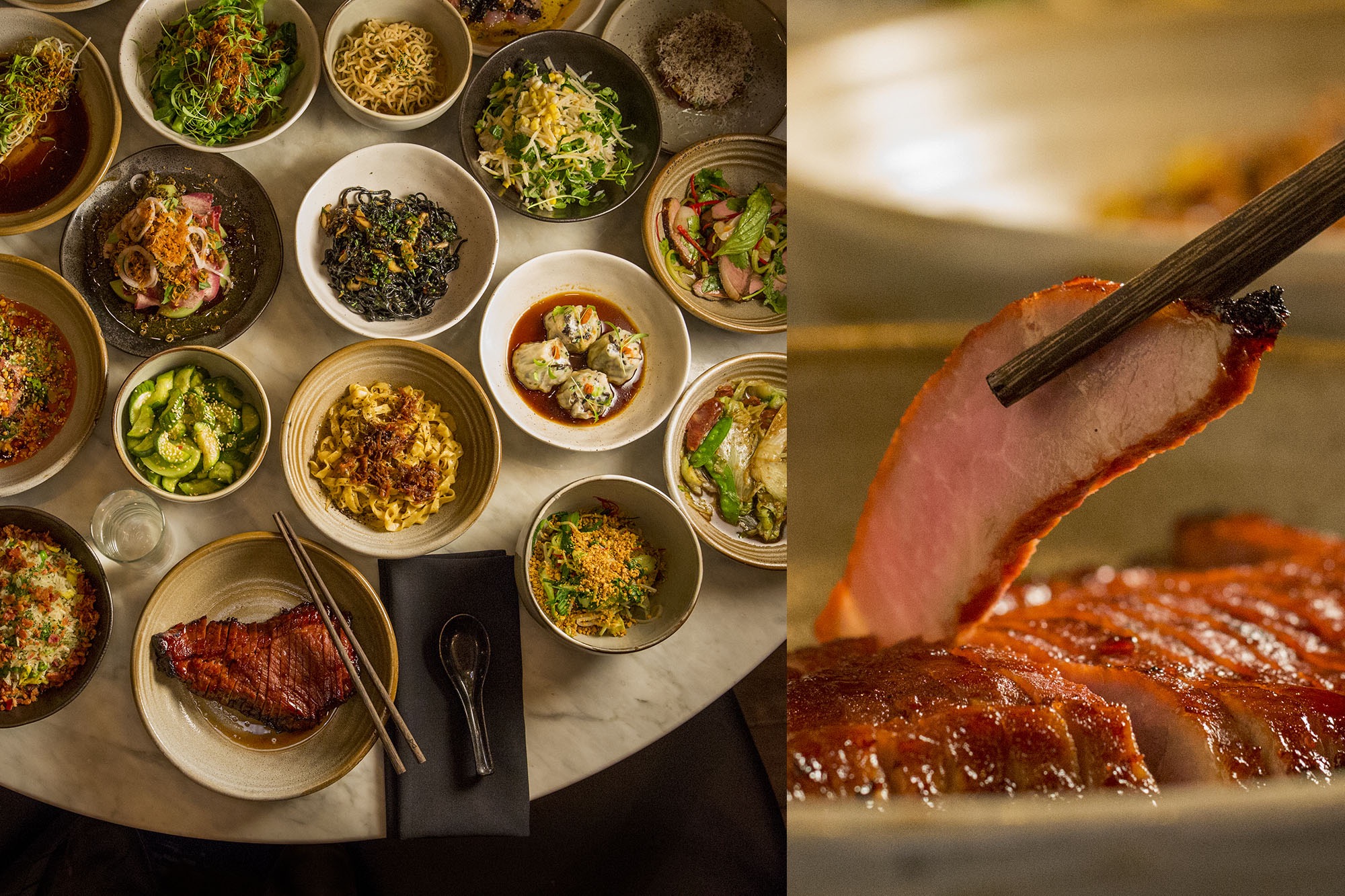 upscale chinese food and a closeup of a piece of duck